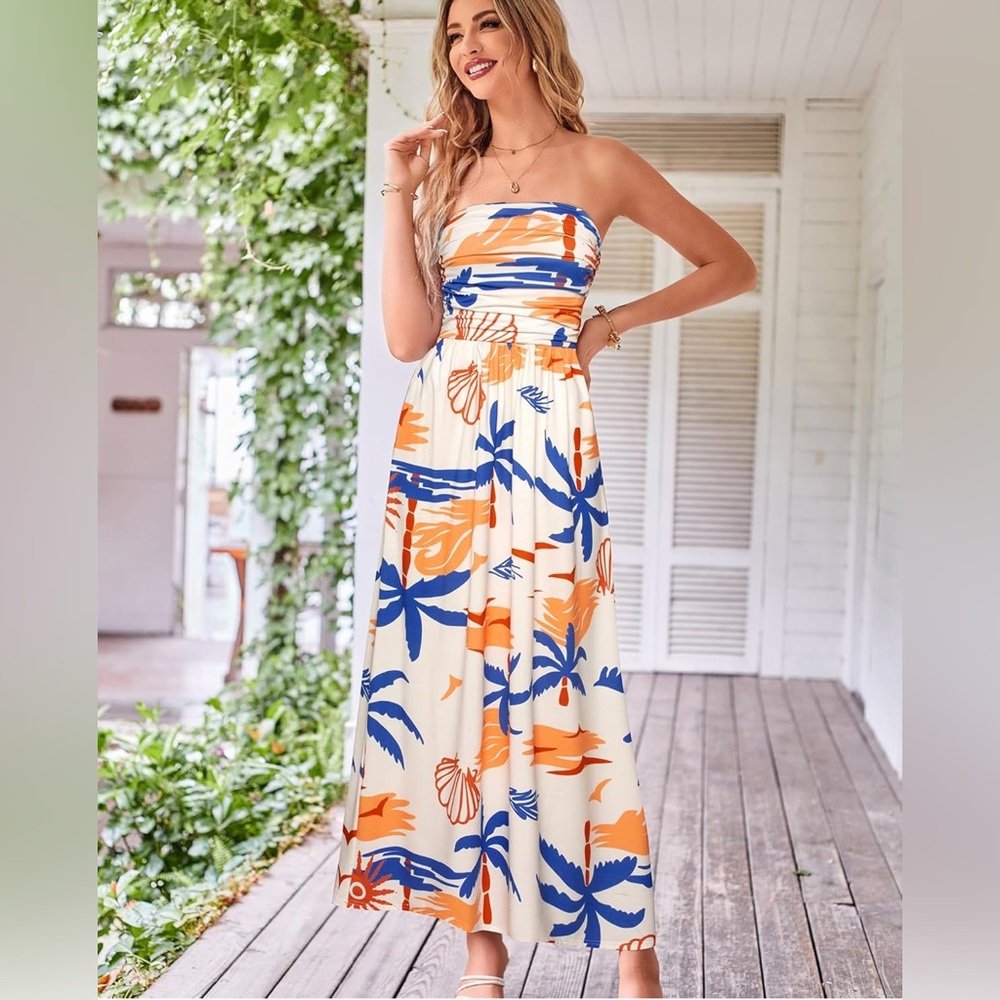 GRACE KARIN Women Strapless Casual Loose Ruched Long Maxi Dress with Pockets